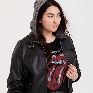 Torrid Black Faux Leather Hooded Bomber Jacket